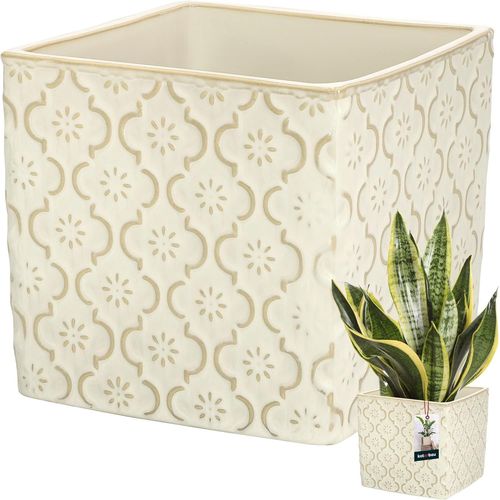 Chenquansarl-Pot De Fleurs Carré Crème Vintage De 13x13 Cm En Céramique Émaillée | Pot En Céramique Crème | Cache-Fleur En Céramique Émaillée | Pot De Fleurs Avec Finition Brillante | Pot De Fleurs C