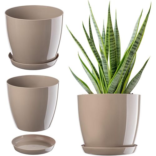 ChenQuanSarl-légant Pot De Fleurs, Pot À Plantes Avec Soucoupe, Pot De Fleurs Rond, Pot De Fleurs En Plastique, Cache-Pot Pour Fleurs, Pot De Fleurs Interieur Ø 12 Cm Beige