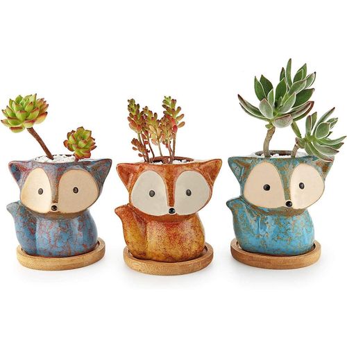 ChenQuanSarl-Cm Petit Cache Pots Pour Cactus Avec Plateau Bambou Lot De 3, Mignon Renard Cactus Pot De Succulente Ronde Planteur De Céramique Jardinière Contenant Décoration De Maison Bureau Cadeau