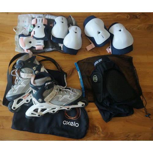 Ensemble Rollers En Ligne Enfant Avec Sacs ¿ Rollers Oxelo Fit3 Abyss (Taille Ajustable 32-35) ¿ Protections D¿Articulations Bridal Blue (Taille S) ¿ Short De Protection Powerslide (Taille Xs).