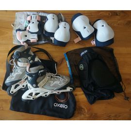 Ensemble Rollers En Ligne Enfant Avec Sacs ¿ Rollers Oxelo Fit3 Abyss (Taille Ajustable 32-35) ¿ Protections D¿Articulations Bridal Blue (Taille S) ¿ Short De Protection Powerslide (Taille Xs).