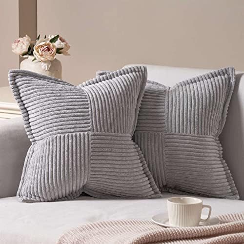 Housse De Coussin 40x40 Gris Clair En Velours Côtelé Super Doux Décoration Chambre Bureau À Domicile Housse Coussin De Lecture Lot De 2 Motif À Rayures Croisés Couleur Unie Boheme