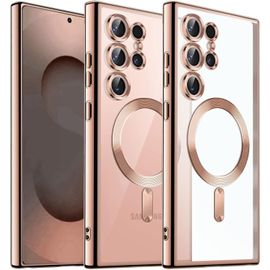 Coque Téléphone Pour Samsung Galaxy S25 Ultra 5g,Magnétique Étui Avec Caméra Protection Compatible Avec Magsafe,Housse Transparente Éclat Métallique Antichoc Pour Samsung S 25 Ultra,Or Rose[H395]