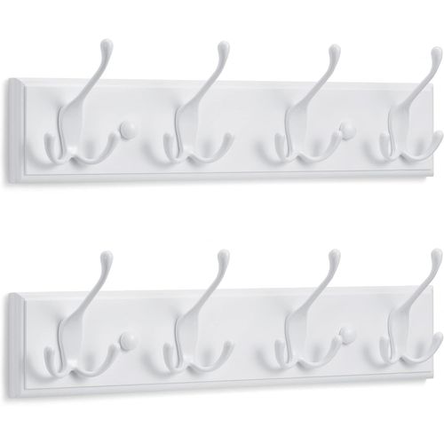 Porte Manteau Mural Blanc (2 u) - 4 Crochets Triples - 42 cm - Patere Murale Bois pour une Entrée, Chambre, Salle de Bain et Vestiaire