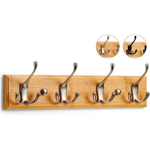Porte Manteau Mural Bois - 4 Crochets Triples en Nickel Mat sur une Elégante Base en Bambou - 42 cm Patère Murale Bois