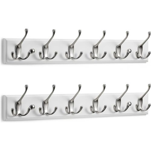 Porte Manteau Mural Blanc (2 u) - 6 Crochets Triples en Nickel Mat - 59 cm - Patere Murale Bois pour une Entrée, Chambre, Salle de Bain et Vestiaire