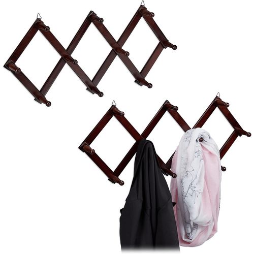 Garde-Robe Murale, Lot De 2, En Bois, Tringle De Garde Robe, 10 Crochets, Stable, Vestiaire, Extensible, Marron Foncé