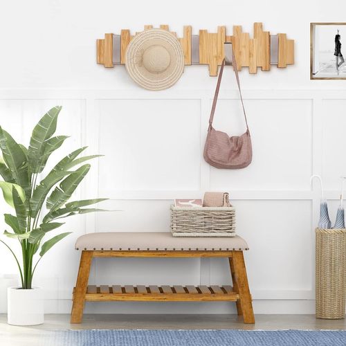 Porte-manteau mural en bois de bambou - Patère à crochets - Porte-manteau et décoration murale moderne avec 5 crochets - Pour couloir, garde-robe, chambre et salle de bain (40 x 11 x 2 cm)