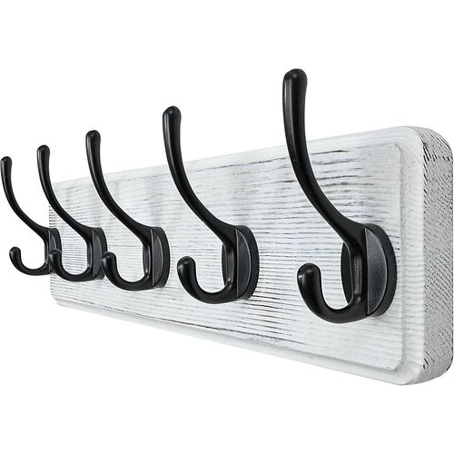 Porte Manteau Mural Bois,Patère Murale,Bois Massif Porte Manteau Salle De Bain,5 Crochets pour Manteaux Veste,Noir sur Blanc