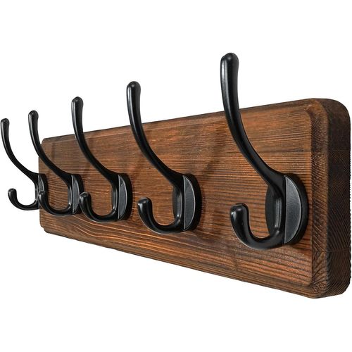 Porte Manteau Mural Bois,Patère Murale,Bois Massif Porte Manteau Salle De Bain,5 Crochets pour Manteaux Veste,Marron