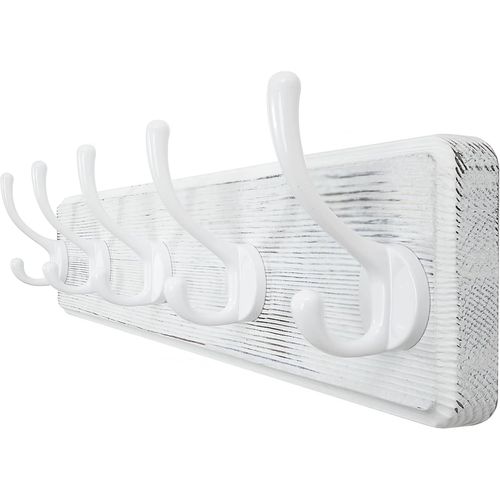 Porte Manteau Mural Bois,Patère Murale,Bois Massif Porte Manteau Salle De Bain,5 Crochets pour Manteaux Veste,Blanc