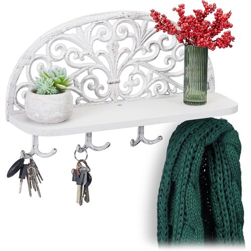 Porte-Manteaux Mural étagère Tablette clés Planche Bois 4 Crochets Doubles patère, HxlxP: 23x39x11,5 cm, Blanc