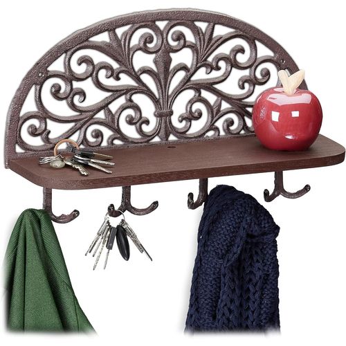 Porte-manteaux mural étagère tablette clés planche bois 4 crochets doubles patères, HxlxP: 23x39x11,5 cm, brun