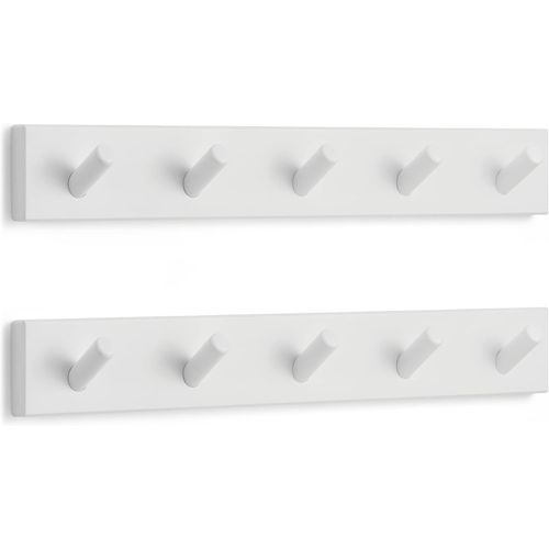 Porte Manteau Mural Blanc (Lot de 2) - 5 Crochets - 43 cm - Patere Murale Bois pour une Entrée, Chambre, Salle de Bain et Vestiaire