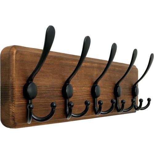 Porte Manteau Mural Bois,5 Crochets Triples,Patère Murale,44 cm Bois Massif Porte Manteau Salle De Bain pour Manteaux Veste,Marron