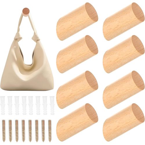 8 Pcs Porte Manteau Mural Bois, Crochet Patere en Bois, Patères Murales, Crochets Muraux pour Suspendre Vêtements Chapeaux Serviettes Chambre Entrée Couloir Salle de Bain Cuisine, avec Vis