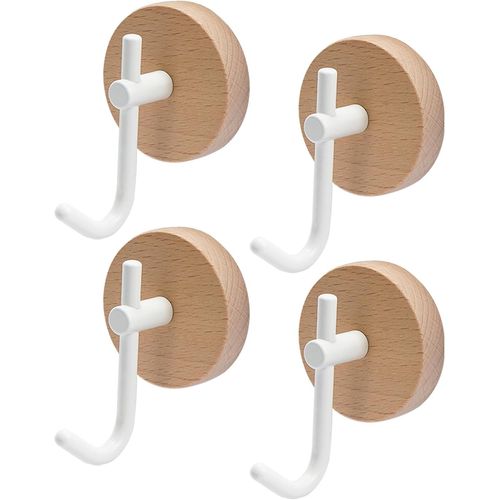 Lot de 4 Crochet Adhésif, Porte Manteau Bois Mural, Accroche Serviette Salle de Bain, Patere Murale en Hêtre Naturel, pour Entrée,Salon,Cuisine,Chambre,Couloir (Blanc Laiteux)