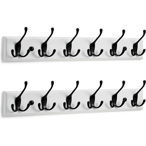 Porte Manteau Mural Blanc (2 u) - 6 Crochets Triples en Noir - 59 cm - Patere Murale Bois pour une Entrée, Chambre, Salle de Bain et Vestiaire
