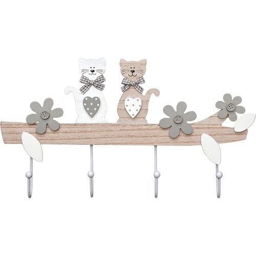 Porte Manteau Mural en Bois, Patere Murale avec 4 Crochets, Mignon Chat Thème Maison Chambre Entrée Décoration, Cadeaux pour Amoureux des Chats, Naturelle 40 x 21cm