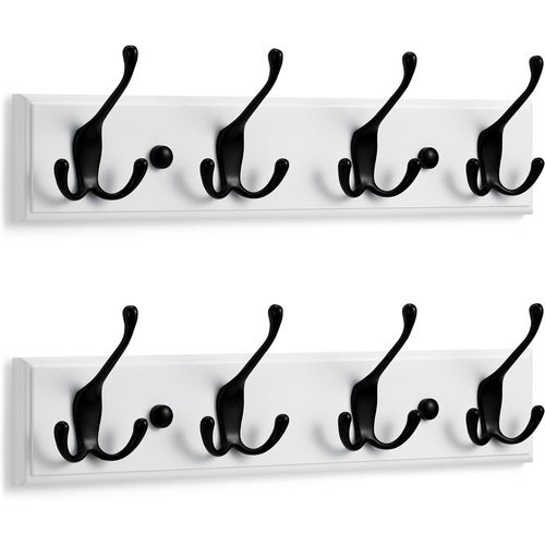 Porte Manteau Mural Blanc (2 u) - 4 Crochets Triples en Noir - 42 cm - Patere Murale Bois pour une Entrée, Chambre, Salle de Bain et Vestiaire