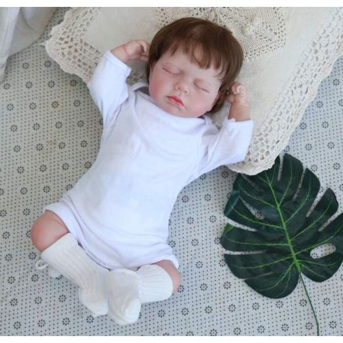 Poupée Bébé Reborn Garçon Endormi Poupée Nouveau-né Cheveux Bruns Réaliste 50cm