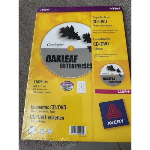 Avery Étiquettes Laser Cd / Dvd Maxi Couvrantes L7676 -25 Feuilles 50 Étiquettes ( Diamètre 117 Mm )
