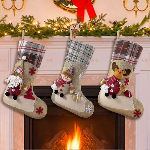 3Pcs Bas de Noël 18 pouces Grande Taille Toile de jute Bas de Noël avec 3D Père Noël, Bonhomme de neige, Renne Modèle Cadeaux pour la décoration de Noël en famille