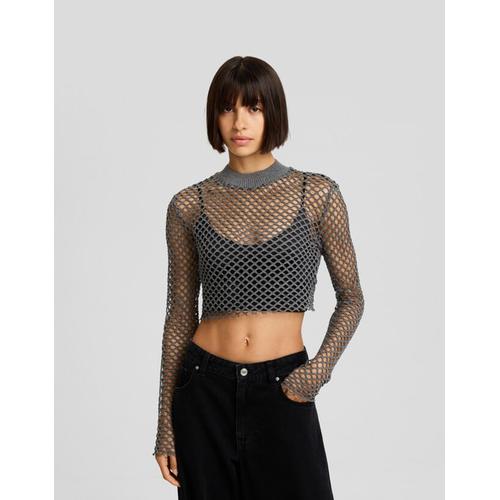  Pull Maille Filet Brillant Femme Xs Gris Foncé