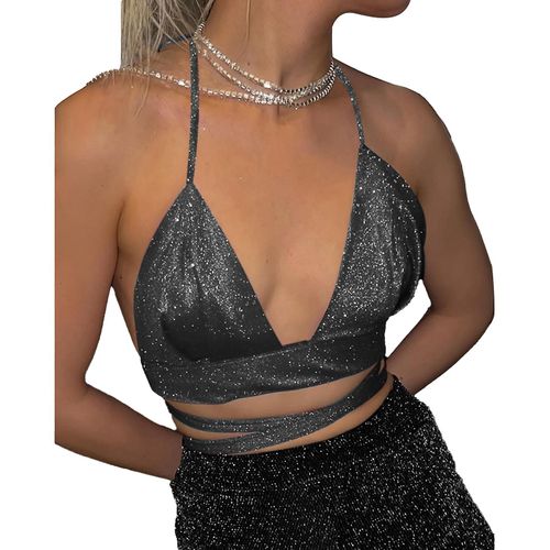 Deep V Neck Halter Top Femmes Bar Party Fashionable Shiny Giltter Criss Cross Triangle Cup Débardeur