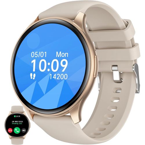 Cloudds_Montre Connectée Femme Avec Appel Bluetooth,1,43¿ Amoled 5atm Smartwatch Homme Avec 100+ Modes Sportifs Tracker D'activité,Sommeil,Spo2,Smart Watch Pour Ios Android(Doré)