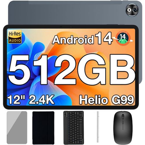 CLOUDDS_T40 Pro Tablette Avec Clavier,20Gb+512Gb(Tf 2Tb)Helio G99 Tablette 12 Pouces 2,4K Écran,Android 14 Tablette Tactile 10800Mah/16Mp/4G Lte Avec Clavier Souris Stylet Capacitif,Gris