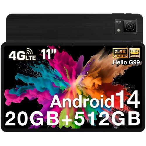 CLOUDDS_T40 Tablette 11 Pouces 2,5K 20Go Ram+512Go Rom(2To Tf),Tablette Android 14 Avec Helio G99 Et Batterie 8580Mah,Tablettes Tactiles 16Mp+8Mp,4 Haut-Parleurs Stéréo,Dual 4G Lte,Noir