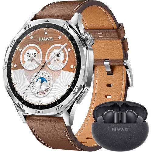 Cloudds_Watch Gt 5 46mm Montre Connectée Marron(Cuir)+ Freebuds 5i,Design Aux Lignes Épurées,Nouvelle Expérience De Course À Pieds Et De Cyclisme,Suivi De La Santé,Jusqu'à 14 Jours D'autonomie