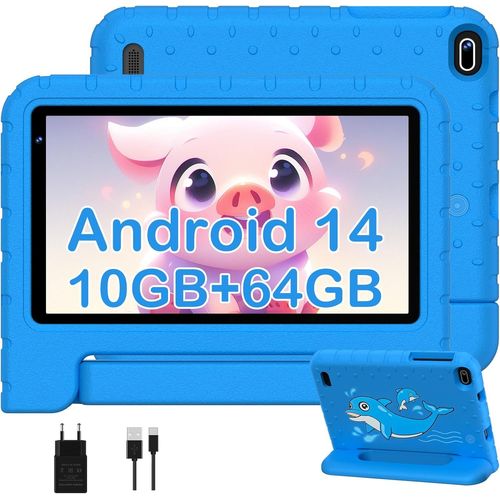 CLOUDDS_Tablette Enfants 7 Pouces Android 14 Tablette,10Gb Ram+64Gb Rom(512Go Tf)Tablette Enfant Avec Wifi 6,Octa-Core,3500 Mah,Contrôle Parental,Jeux Éducatifs Pour Enfants,Cas En Eva-Bleu