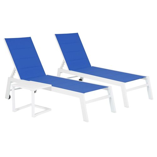 Set 2 Bains De Soleil Et Table D'appoint Barbados En Textilène Bleu - Aluminium Blanc