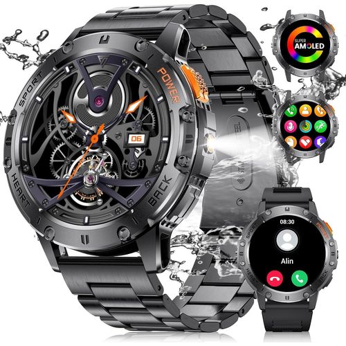 Cloudds_Montre Connectée Pour Homme Avec Fonction Téléphone,Lampe De Poche Led,Batterie 530 Mah,Écran Amoled 1,43"",Moniteur De Fréquence Cardiaque,110 Modes Sportifs,Étanche Ip68 Pour Android Ios
