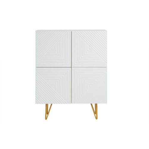 Buffet Haut Design Gravé Blanc Mat Et Métal Doré 4 Portes L86 Cm Ozen
