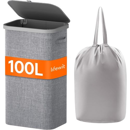 YEMAESRE-Panier A Linge Sale 100L, Bac A Linge Avec Couvercle, Corbeille A Linge Avec Plastique Poignées Et Sac A Linge, Grand Panier Linge Pliable Pour Buanderie, Chambre, Salle De Bain, Gris Clair