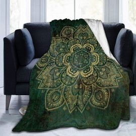 Housse De Couette Mandala Fleur Dorée Sur Vert Foncé Plaid