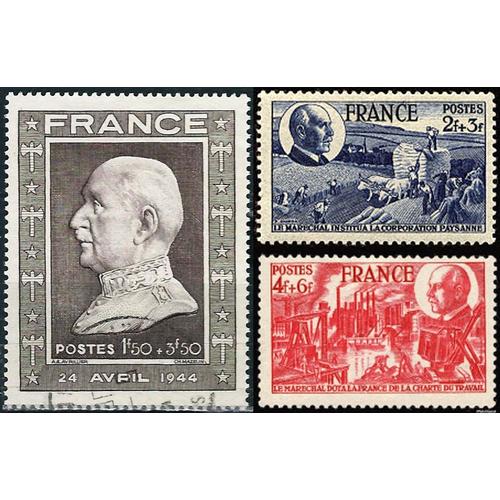 France 1944, 88ème Anniversaire Philippe Pétain, Beaux Timbres Yvert 606 Buste, 607 Corporation Paysanne Et 608 Charte Du Travail, Neufs* / Oblitéré.