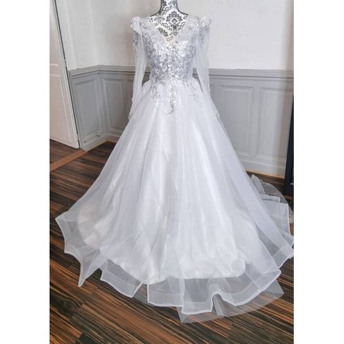 Robe De Mariee Princesse Avec Traine Buste Avec Sequins Argenté Manche Épaules Bouffantes Taille 38