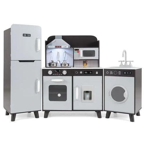 COSTWAY Grande Cuisine pour Enfants 3 Ans+, 120 x 30 x 90 CM avec Sons, Lumières ,Réfrigérateur, Machine à Laver, Machine à Glaçons