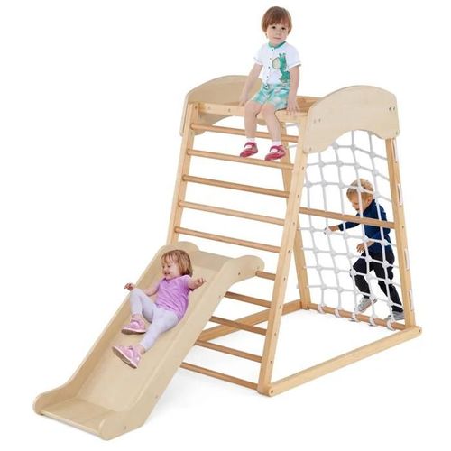 Costway 4 En 1 Station De Jeux En Bois, Jouet Montessori Avec Filet D'escalade Charge 50kg Pour Enfants 1 Ans+ Naturel