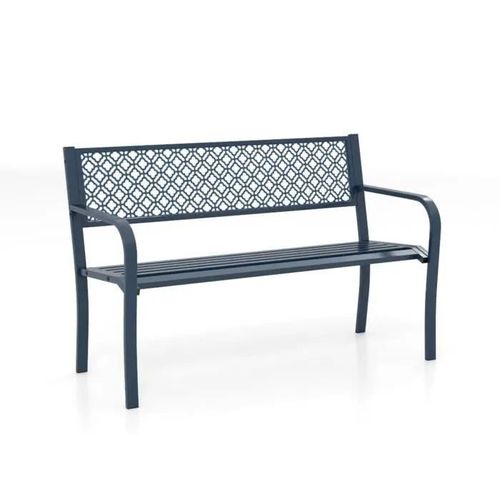 Banc D'extérieur En Métal 2-3 Places Costway, Dossier En Treillis Géométrique, Accoudoirs Et Siège À Lattes, Banc De Jardin Bleu