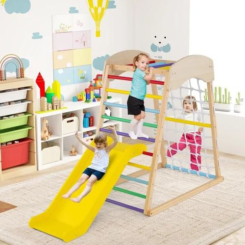 Costway 4 En 1 Station De Jeux En Bois, Jouet Montessori Avec Filet D'escalade Charge 50kg Pour Enfants 1 Ans+ Multi-Couleur