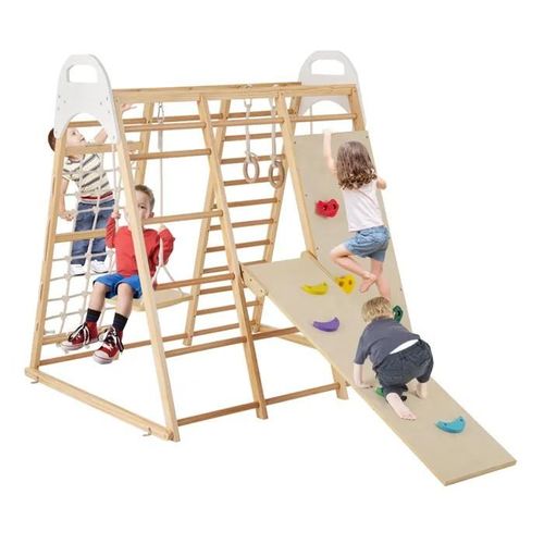Costway 8 En 1 Station De Jeu En Bois Enfants Avec Toboggan Réversible, Jeu D'escalade Montessori Charge 240kg, 127x118x 138 Cm