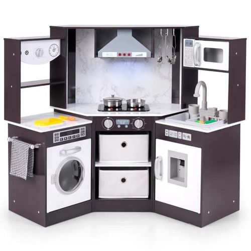 Cuisne Enfants - COSTWAY -3 Ans+, en Bois,17 Accessoires, Sons et Lumières, Tableau Noir, Cadeau Idéal Marron