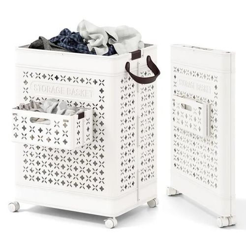 COSTWAY Panier à Linge Pliable 75 L sur Roulettes avec Poignées 43,5x 34 x 61 CM Pas Chère Blanc