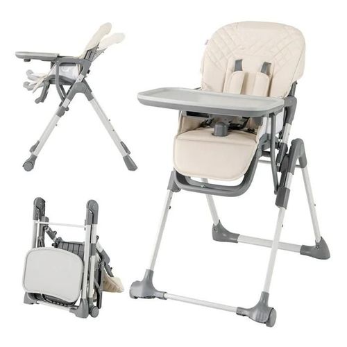 Chaise Haute Bébé Pliante Costway Avec Repose-Pieds, Plateau Détachable, Coussinet De Siège, Roues Intégrées, Beige