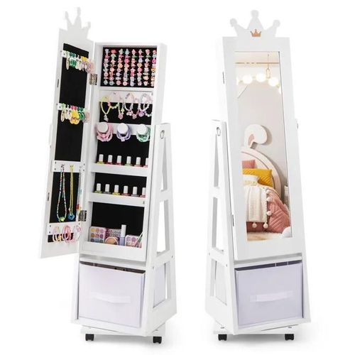 COSTWAY Armoire à Bijoux Enfants - Miroir sur Pied avec Base Pivotante - Roulettes Universelles Verrouillable 31,5 x30 x122cm Blanc